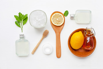 .Lemon juice, Lemonade with fresh lemon, honey, mint, salt and ice.