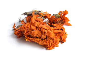 Dried medicinal herbs raw materials isolated on white. Flower Dianthus caryophyllus