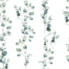 Watercolor eucalyptus branches ornament. Hand painted floral repeating texture on white background. Greenery wallpaper design for textile, paper, web