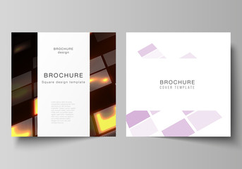 Vector illustration of editable layout of two covers templates for square design brochure, magazine, flyer, booklet. Abstract hi-tech background in perspective. Futuristic digital technology backdrop.