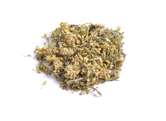 Dried medicinal herbs raw materials isolated on white. Achillea flowers.