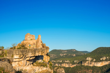 Fototapeta na wymiar SIURANA DE PRADES, SPAIN - OCTOBER 5, 2017: View of the ruins of the castle of Siuran. Copy space for text.
