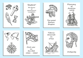 Set of eight creative cards. Hystory themes in sketch style. Vector illustration in doodle style.