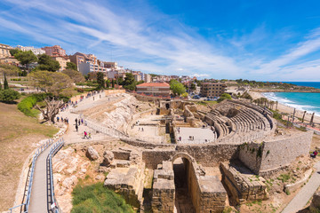 TARRAGONA, SPAIN – MAY 1, 2017: Roman Amphitheater, Costa Daurada, Catalunya. Copy space for text.