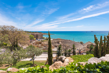 TARRAGONA, SPAIN – MAY 1, 2017: View of the ancient roman amphitheater. Copy space for text.