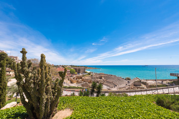 TARRAGONA, SPAIN – MAY 1, 2017: View of the ancient roman amphitheater. Copy space for text.