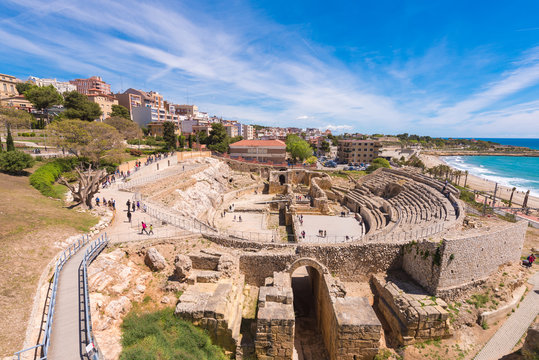 TARRAGONA, SPAIN &ndash; MAY 1, 2017: Roman Amphitheater, Costa Daurada, Catalunya. Copy space for text.