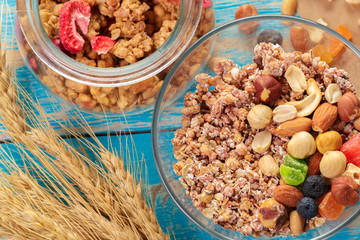 Granola bar on wooden background