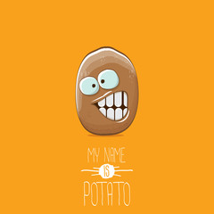 vector brown potato cartoon character isolated on orange background. My name is potato vector concept illustration. funky summer vegetable food character