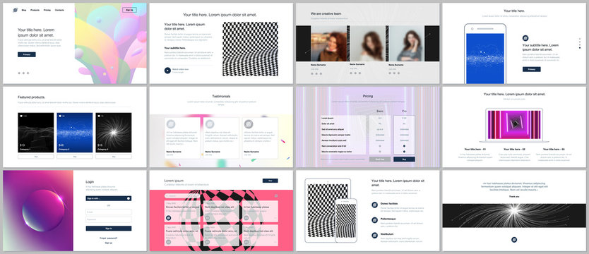 Vector templates for website design, minimal presentations, portfolio with vibrant colorful abstract gradient backgrounds. UI, UX, GUI. Design of headers, dashboard, testimonials, e-commerce page etc.