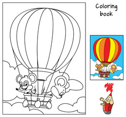 Obraz premium Two little mice are traveling in a hot air balloon. Coloring book. Cartoon vector illustration