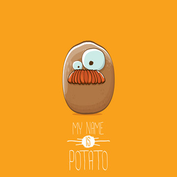 vector brown potato cartoon character isolated on orange background. My name is potato vector concept illustration. funky summer vegetable food character