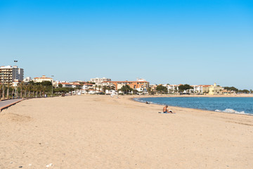L'HOSPITALET DE l'INFANT, SPAIN - APRIL 24, 2017: Sandy beach. Copy space for text.