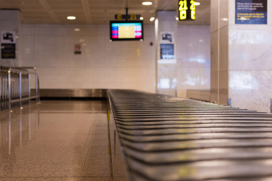 BARCELONA, SPAIN - APRIL 20, 2017: Empty luggage conveyor belt inside of airport. Copy space.