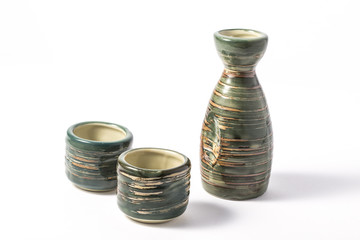 Traditional Japanese sake set, bottles and cups