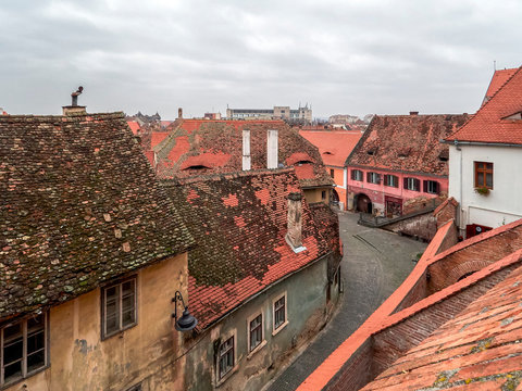 View over a medieval street in Sibiu, Romania