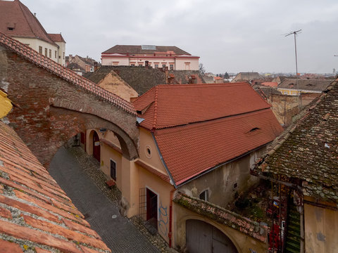 View over a medieval street in Sibiu, Romania