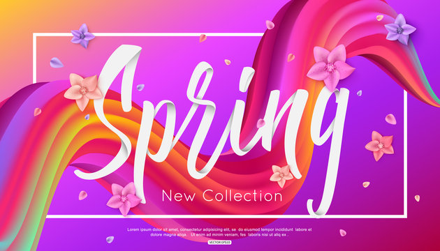 Spring collection banner design 3d rainbow and falling petals and flowers