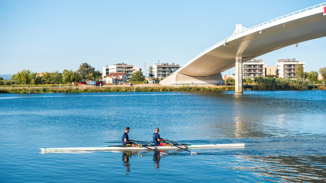 TARRAGONA, CATALONIA, SPAIN - SEPTEMBER 19, 2017: Kayaks on the river Ebro Delta. Copy space for text.