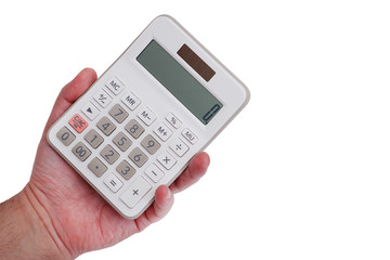 hand holding white calculator isolated on white background
