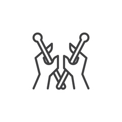 Drumsticks in hand outline icon. linear style sign for mobile concept and web design. Drummer hands holding drumsticks simple line vector icon. Symbol, logo illustration. Pixel perfect vector graphics