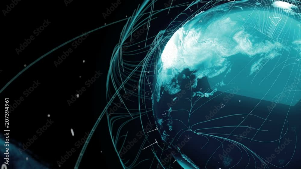 Poster 3d render of globe. digital background with planet surrounded with particles and arcs. technology co