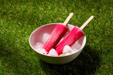 Delicious ice pops in bowl with ice cubes on green grass background