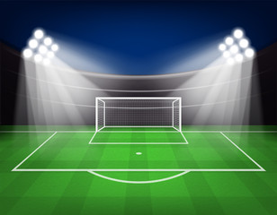 Football arena field with bright stadium lights Vector illustration.