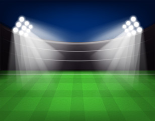 Fototapeta na wymiar Soccer stadium with illumination, green grass and night sky Vector illustration.
