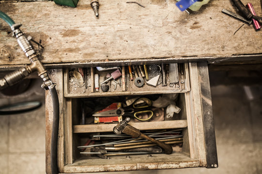 Open box of table with joiner tools