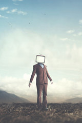 surreal concept man with television over his head