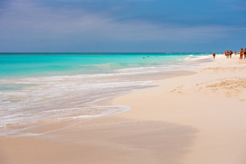Fototapeta na wymiar CAYO LARGO, CUBA - MAY 8, 2017: Sandy beach Playa Paradise. Copy space for text.