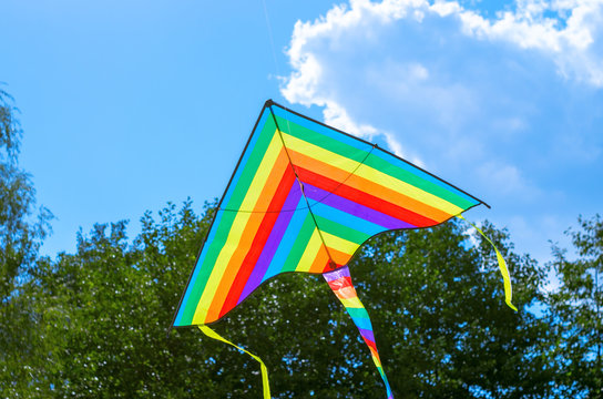 multi-colored flying kite game, in the sky among the trees