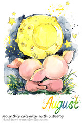 Cute pig hand drawn watercolor illustration. Mounth.ly calendar with piglet. 