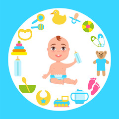 Obraz na płótnie Canvas Toddler Infant in Diaper with Milk Bottle at Frame