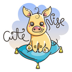 Greeting card with cute golden cartoon pig