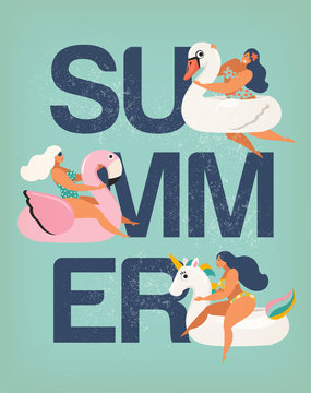 Vector Poster summer illustration card with girl swimming on animal float circle in ocean waves with calligraphy Summer party.