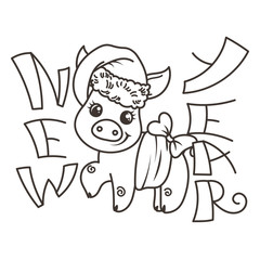 Happy New 2019 Year card with cartoon baby pig. Small symbol of holiday.