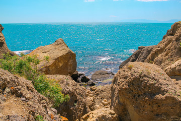 Sea and Mountains landscape at Cape Meganom, the east coast of the peninsula of Crimea. Beautiful nature, Colorful background.