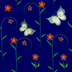 White Butterfly moths with red small flowers on a dark blue background with a floral pattern in pastel technique. Vector Seamless Beautiful background 