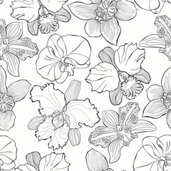 Naadloze bloemmotief met de hand getekende verschillende orchideeën. Zwart-wit vectorillustratie. Contour tekenen.