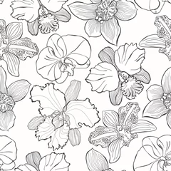 Tapeten Orchidee Nahtloses mit Blumenmuster mit Hand gezeichneten verschiedenen Orchideen. Schwarz-Weiß-Vektor-Illustration. Konturzeichnung.