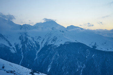 Fototapeta na wymiar Sunset Over Snow Capped Pyrenean Mountains
