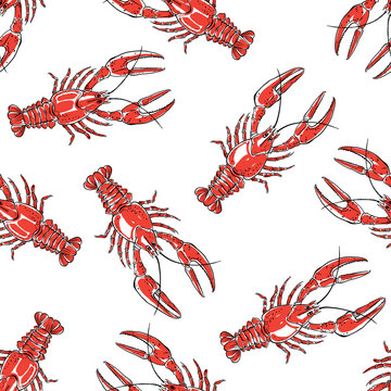 Seamless pattern with red crawfish on a white background.Hand drawn vector illustration.