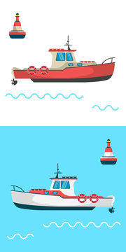 Fishing boat side view and buoys with blue sea background and isolated on white. Side view illustration.