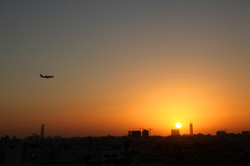 Evening sky with buildings silhouettes, Twilight sky background on cityscape in Jeddah Saudi Arabia, with copy space