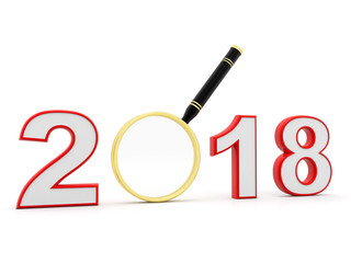 Concept of year of 2018 with magnifying glass, Business Vision Concept. 3d render