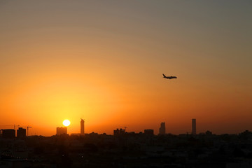 Evening sky with buildings silhouettes, Twilight sky background on cityscape in Jeddah Saudi Arabia, with copy space