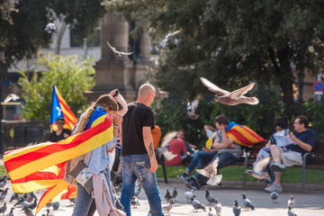 BARCELONA, SPAIN - OCTOBER 3, 2017: Demonstrators on the bench in the city center.