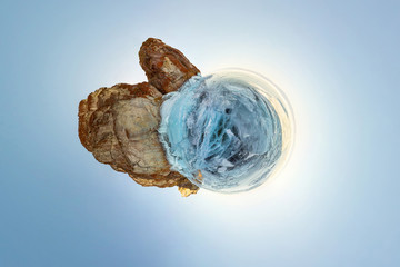 blue ice of Lake Baikal, the cliffs of the island of Olkhon. Tiny planet 360vr panorama